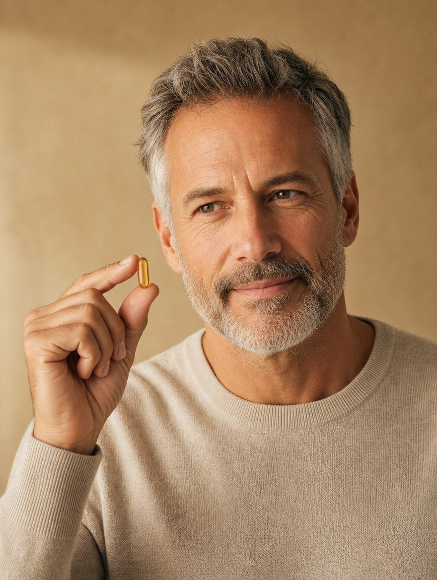 A man holding a single turmeric capsule