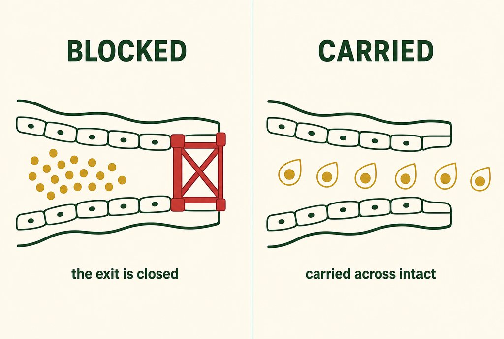 Two diagrams of the gut wall. On the left, curcumin held back by a closed exit. On the right, curcumin carried across intact.